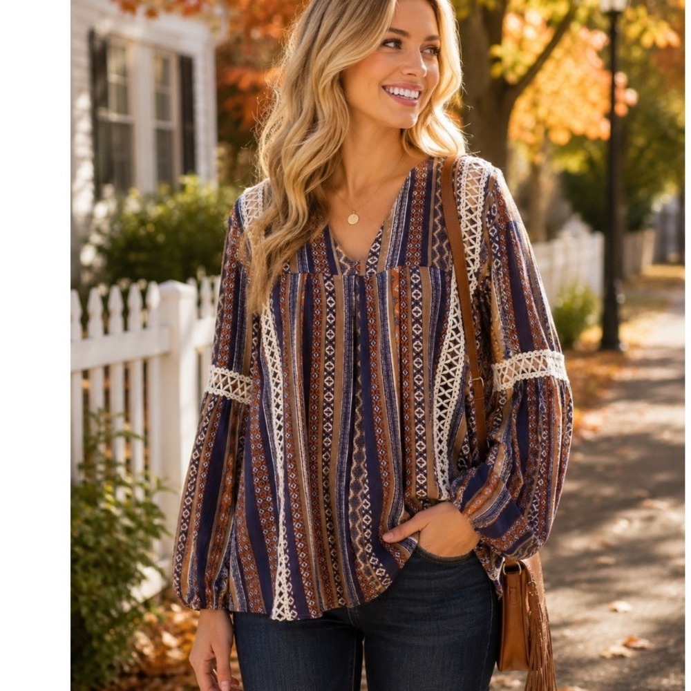 ANDTHEWAY boho Geometric Stripe Blouse Navy Orange Crochet‎ Lace S cottage core